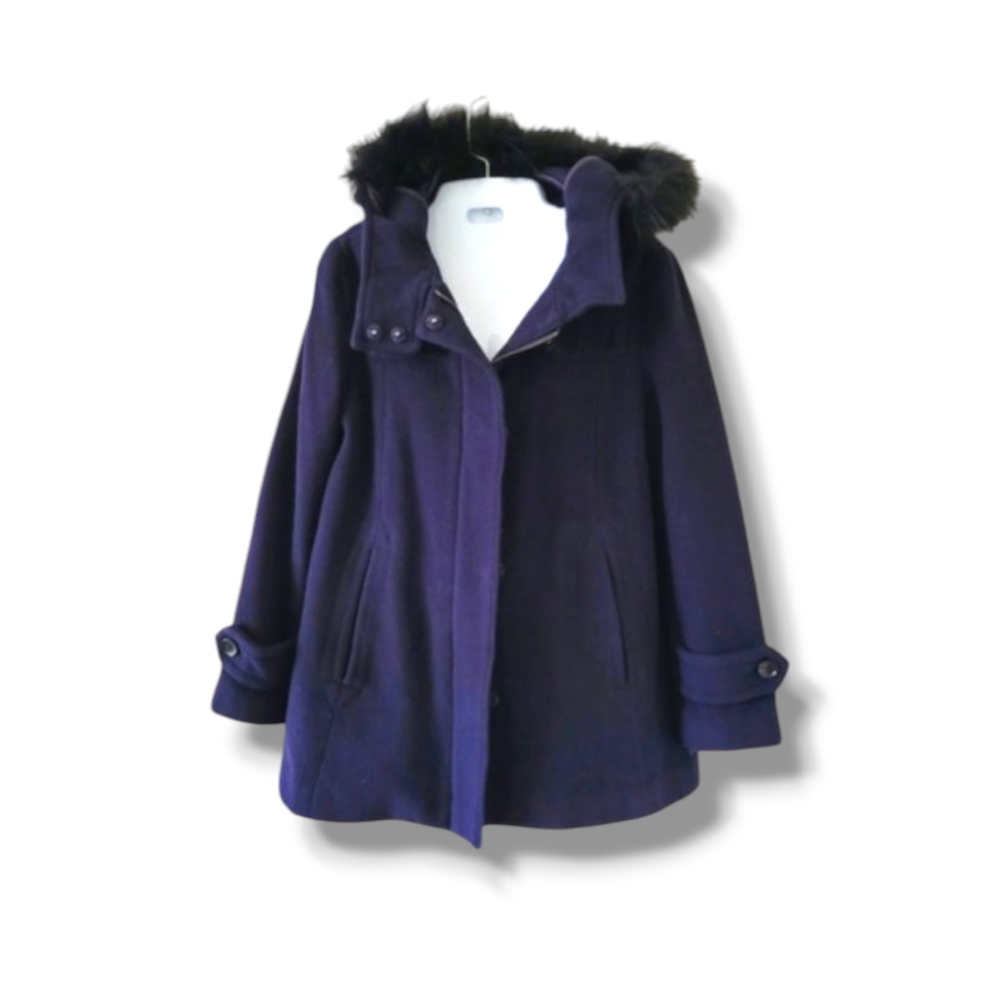 E-Land | Navy/Black Faux Fur Lined Hooded Wool Blend Winter Pea Coat